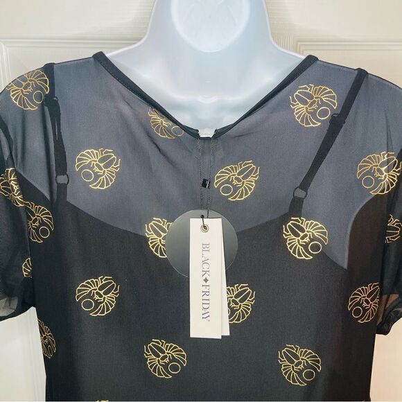 Black Friday Totally Buggin' Babydoll Dress Mesh Black Metallic Bug Print XS NWT - Picture 9 of 11